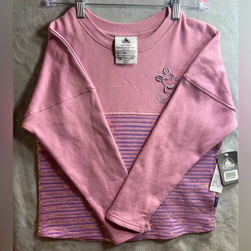New Disney Sequined Spirit Jersey Top Shirt Mickey Mouse Pink NWOT